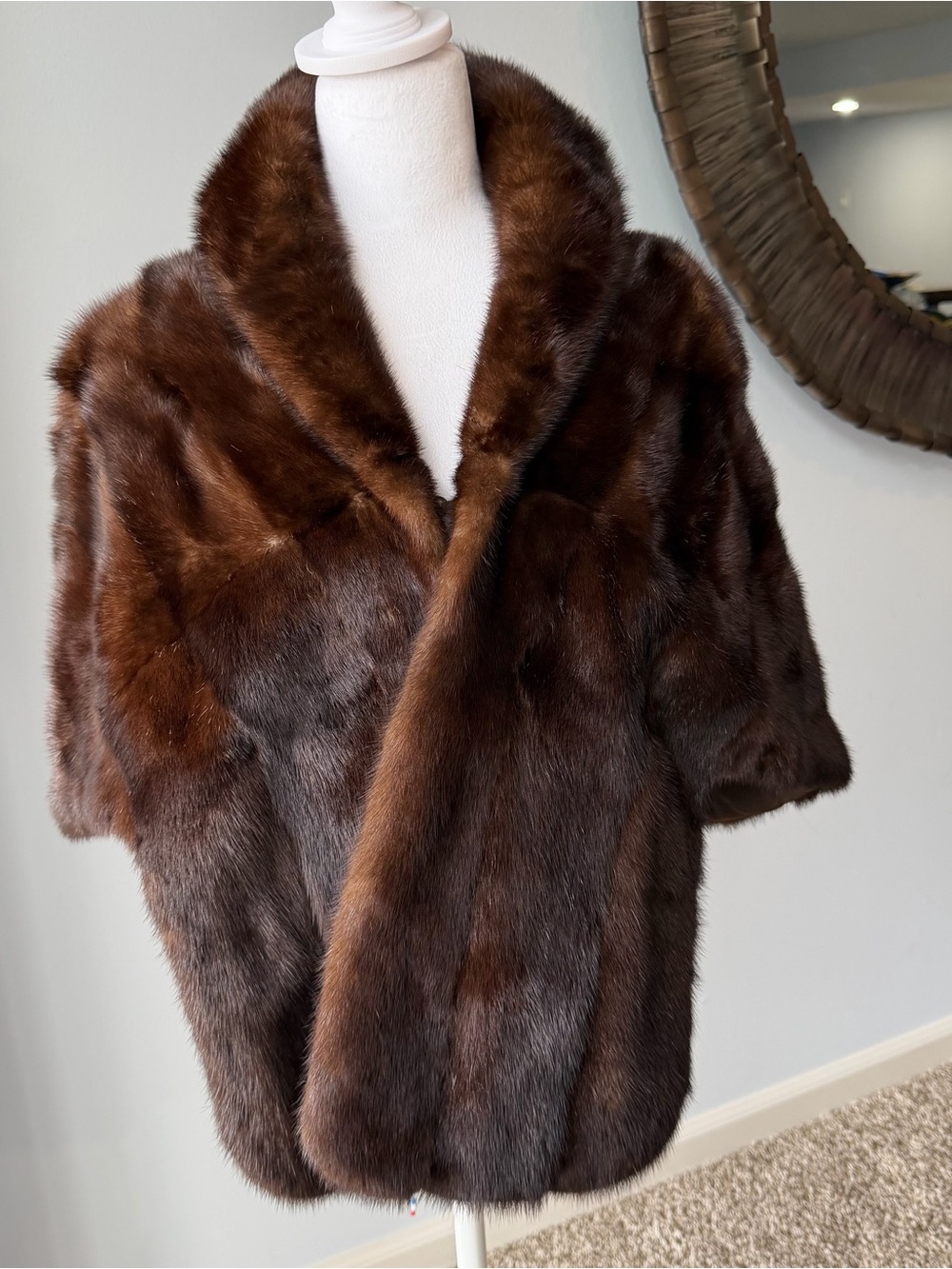 Vintage Real Mink Fur Stole Shawl Cape Bolero Dark Brown Monogram